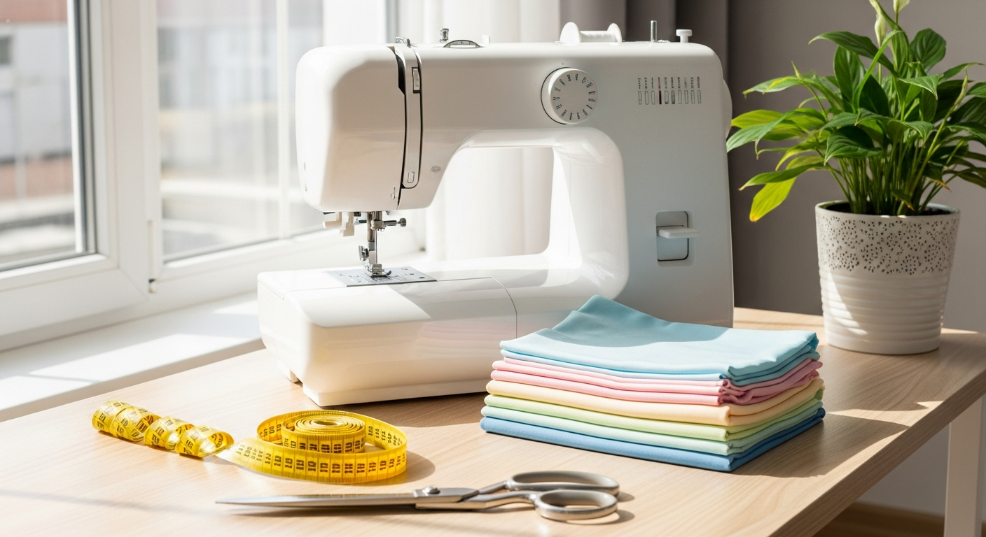 Рабочее место для шитья: светлый стол с швейной машиной, ткани и инструменты