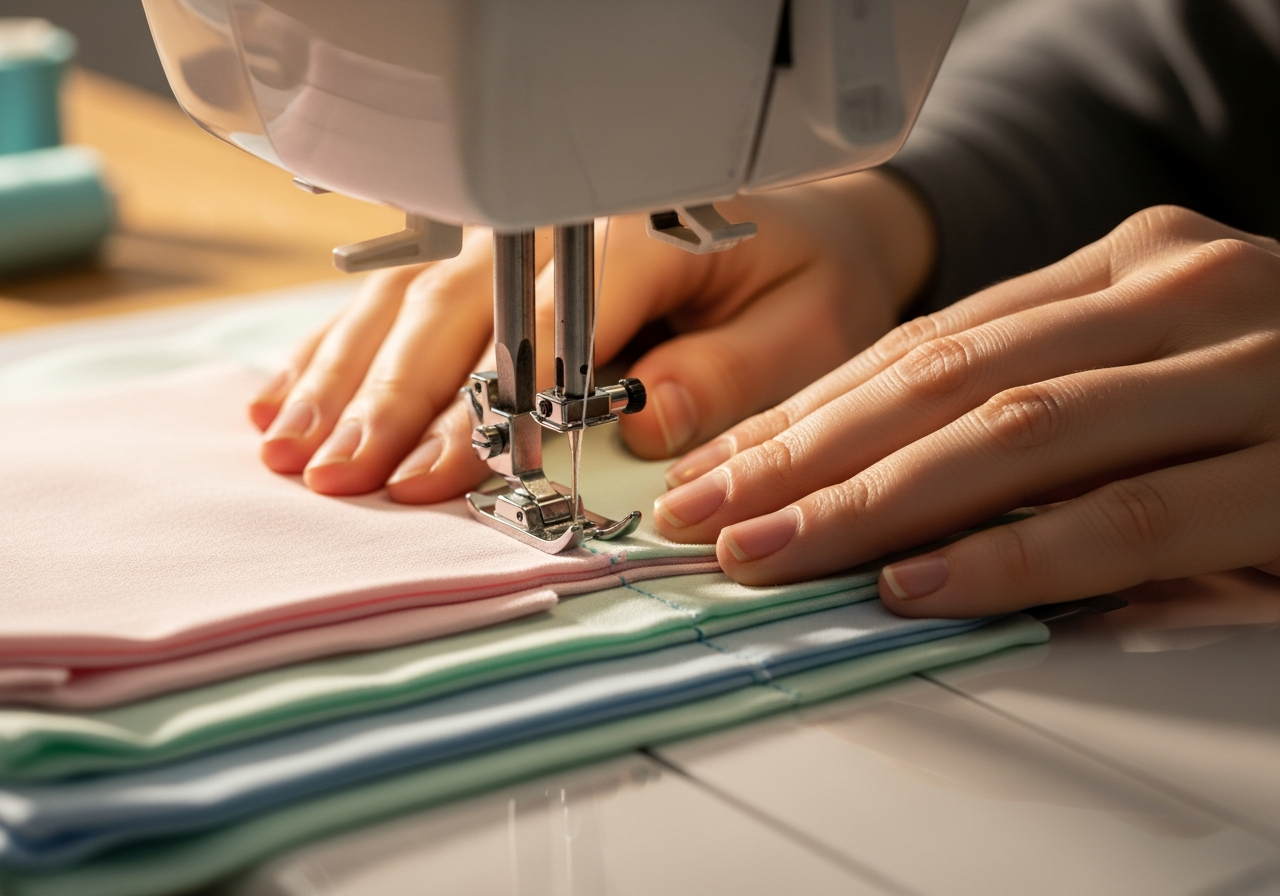 Руки за работой: ткань под иглой швейной машины