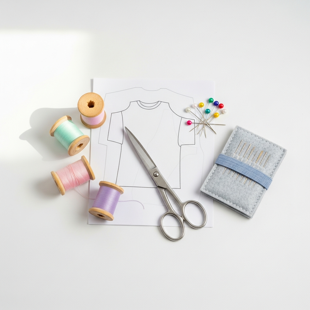 Инструменты для шитья: катушки ниток, булавки, ножницы на белом фоне